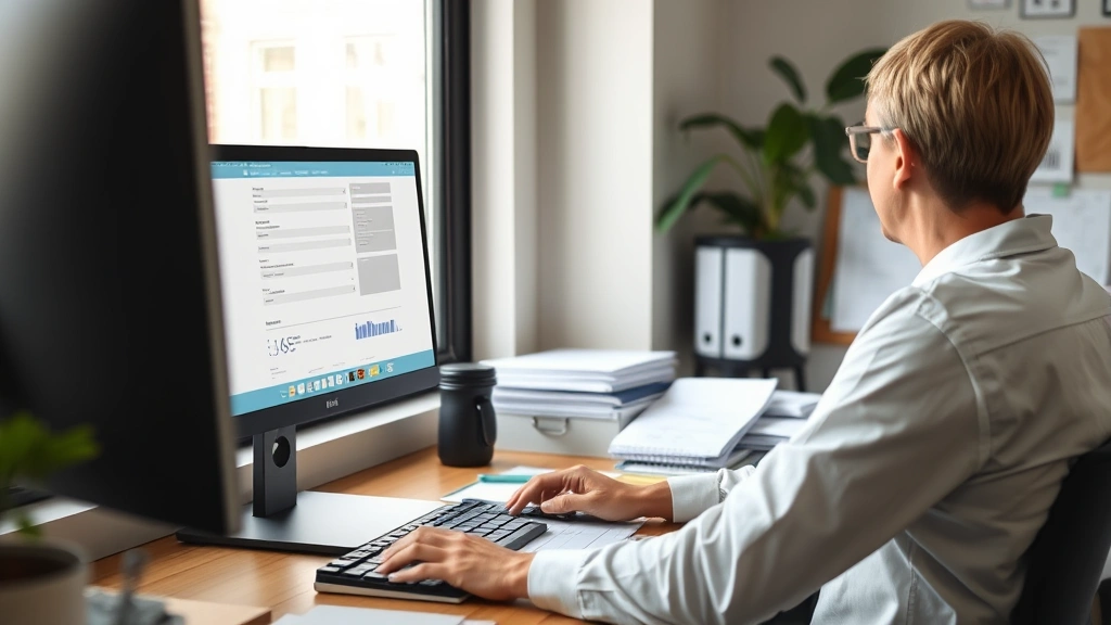 Person at computer submitting online form with medical paperwork organized nearby, natural daylight from window, productive w