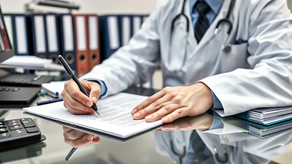 Doctor writing detailed notes at desk with medical files, professional office environment, clear documentation visible on not