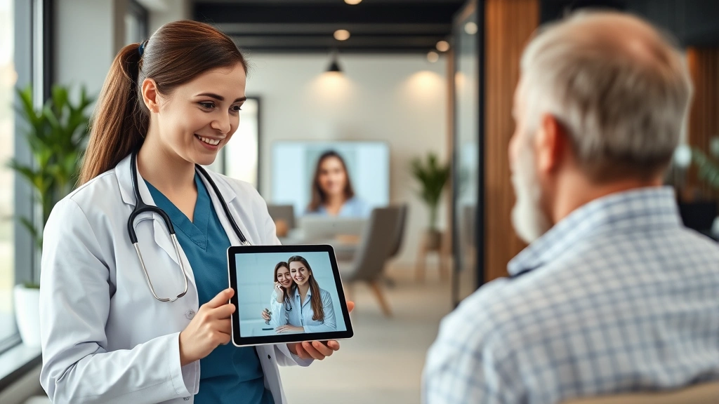 Healthcare professional conducting video consultation with patient on tablet in modern office setting