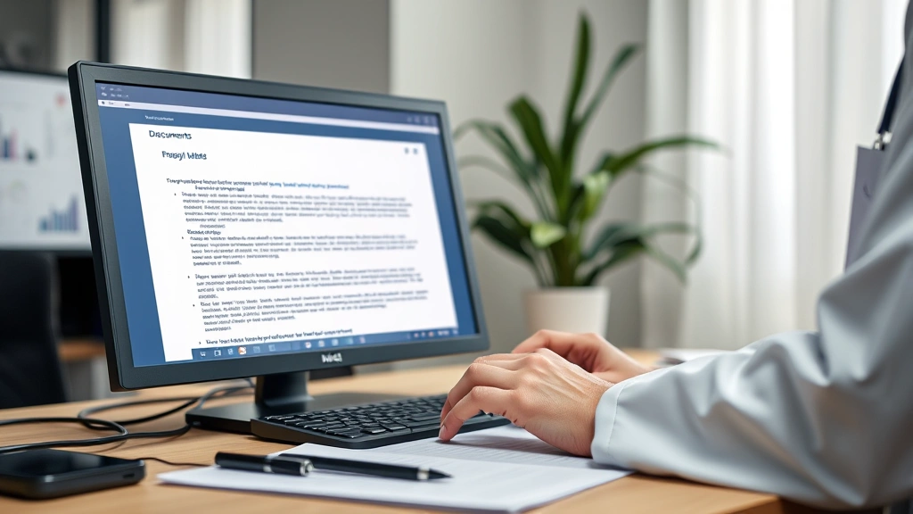 Doctor reviewing medical documents and typing on computer to prepare disability letter