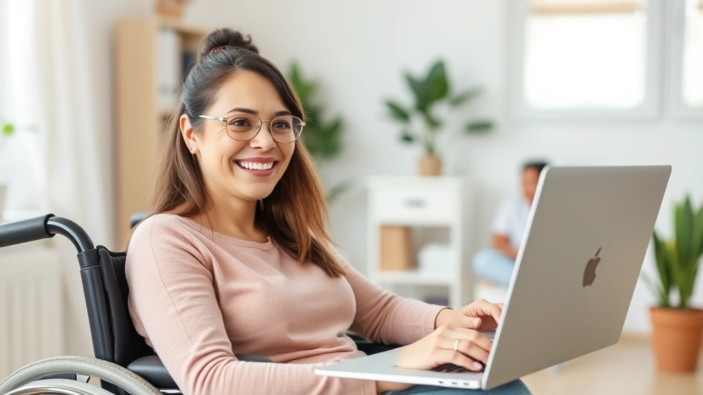 Woman in wheelchair smiling during video call with doctor on laptop, home office setting, natural lighting, professional heal