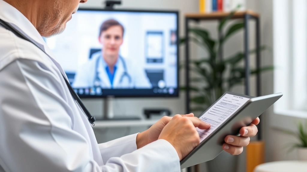 Healthcare provider in white coat reviewing medical documents on tablet during telehealth video conference, focused clinical