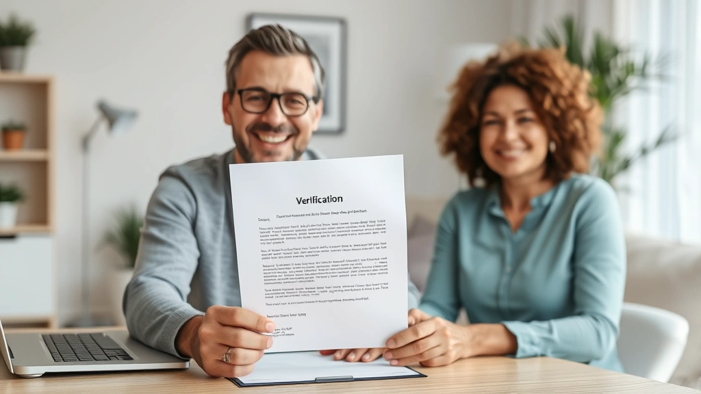Person at home desk looking confident holding printed disability verification letter, modern living room background, satisfie