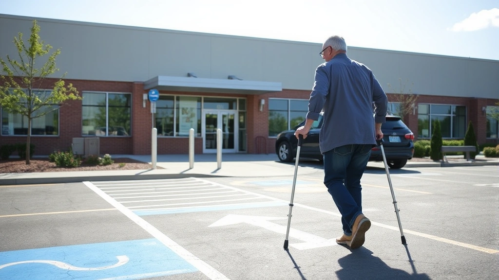 Person using cane walking through accessible parking lot toward building entrance on sunny day