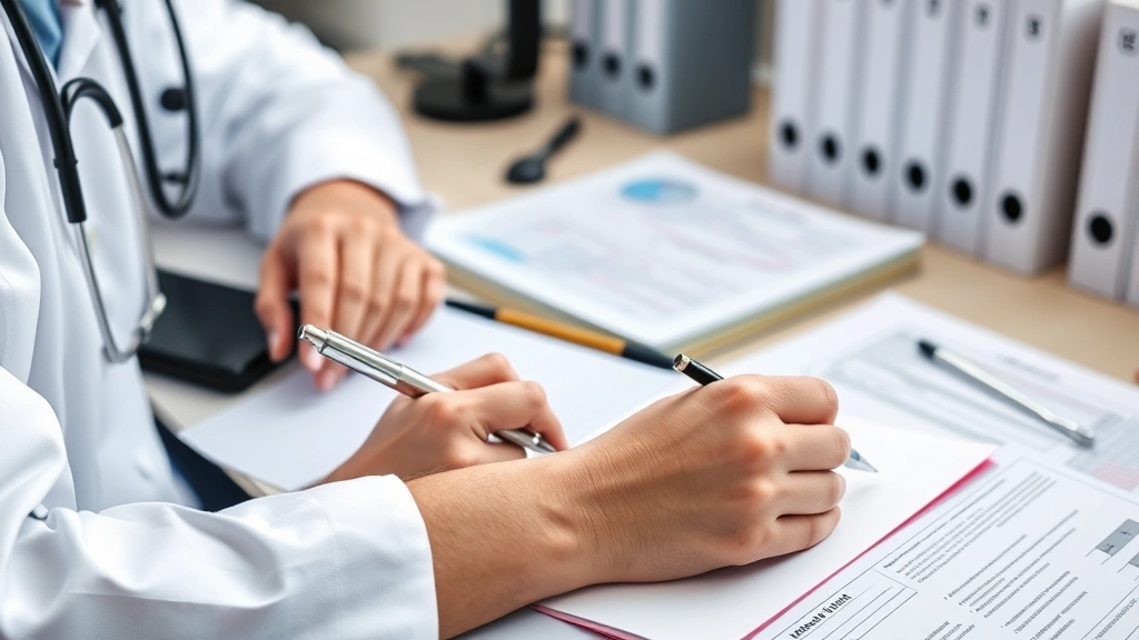 Healthcare provider writing notes at desk with medical records and patient file visible