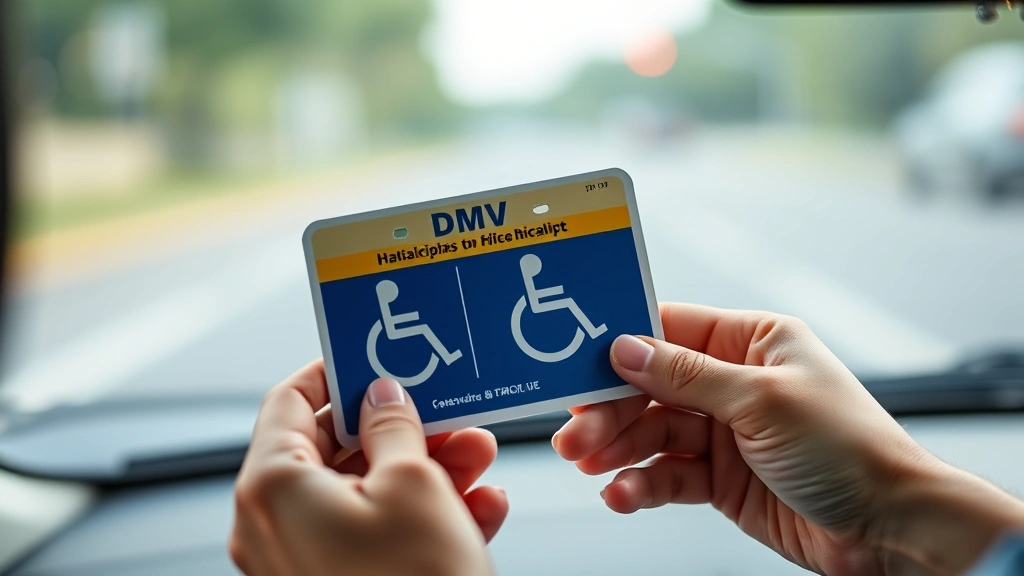 Close up of hands holding DMV handicap placard displayed in car windshield