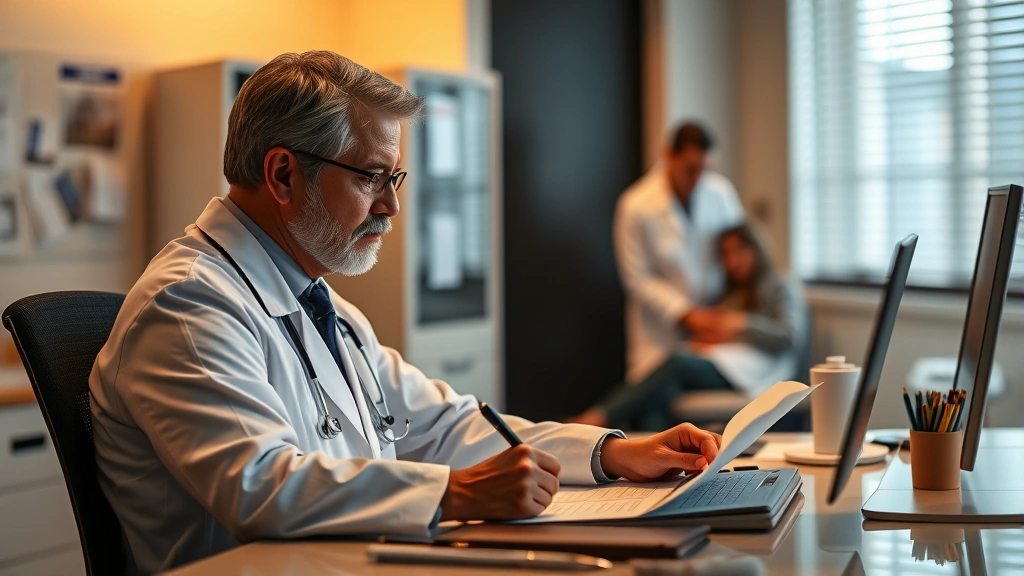 Doctor sitting at desk reviewing medical records and writing notes with patient in background, warm clinical lighting, health