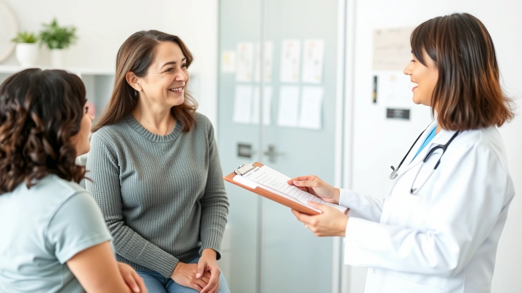Patient having discussion with physician about medical documentation, doctor holding clipboard, professional medical office s