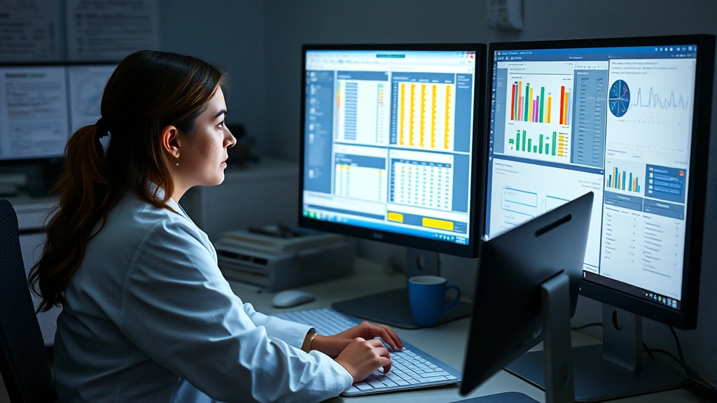Healthcare professional reviewing test results and medical charts at computer workstation, focused medical documentation work