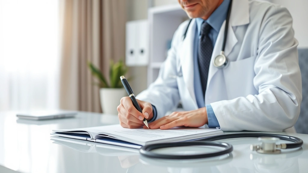 Doctor in white coat writing medical documentation at desk with stethoscope nearby, professional healthcare office setting wi