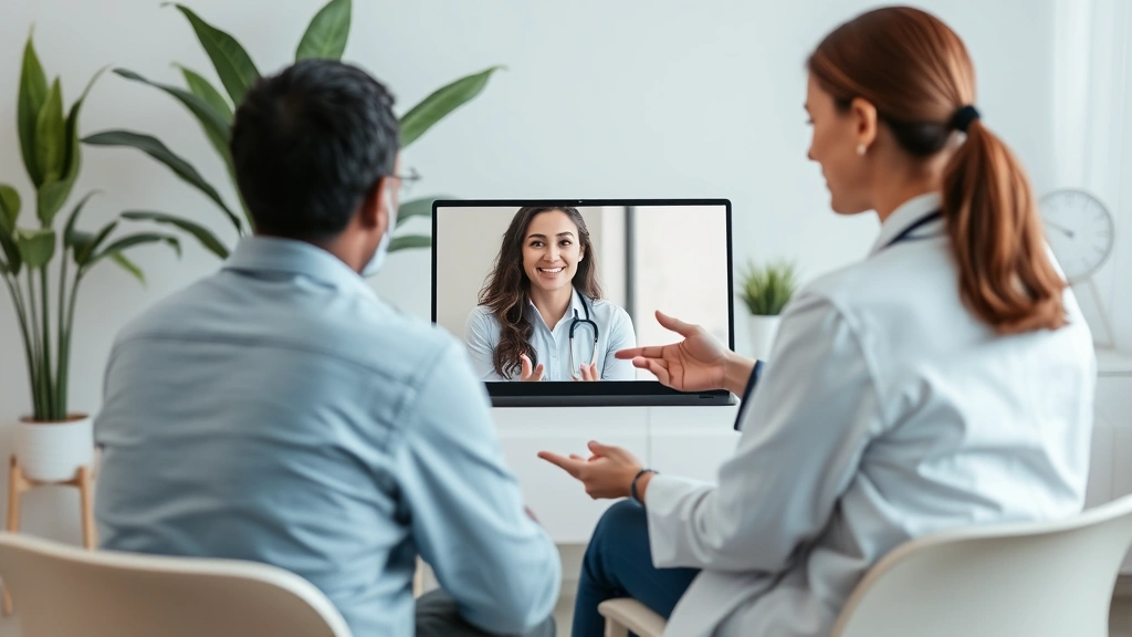 Patient sitting across from female physician during telehealth video consultation on laptop, calm clinical background with pl
