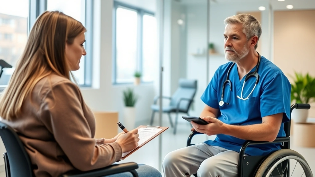 Healthcare provider writing on clipboard in modern medical office during patient consultation about disability accommodation