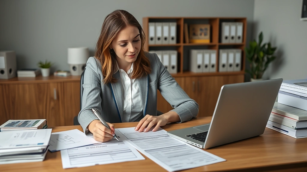 Professional woman reviewing medical documentation at desk with laptop and organized files related to disability verification
