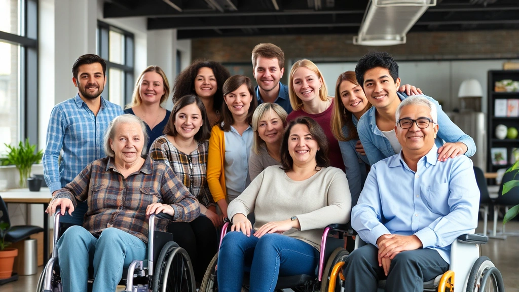 Diverse group of people in workplace setting showing various disabilities, positive and inclusive environment with accessibil