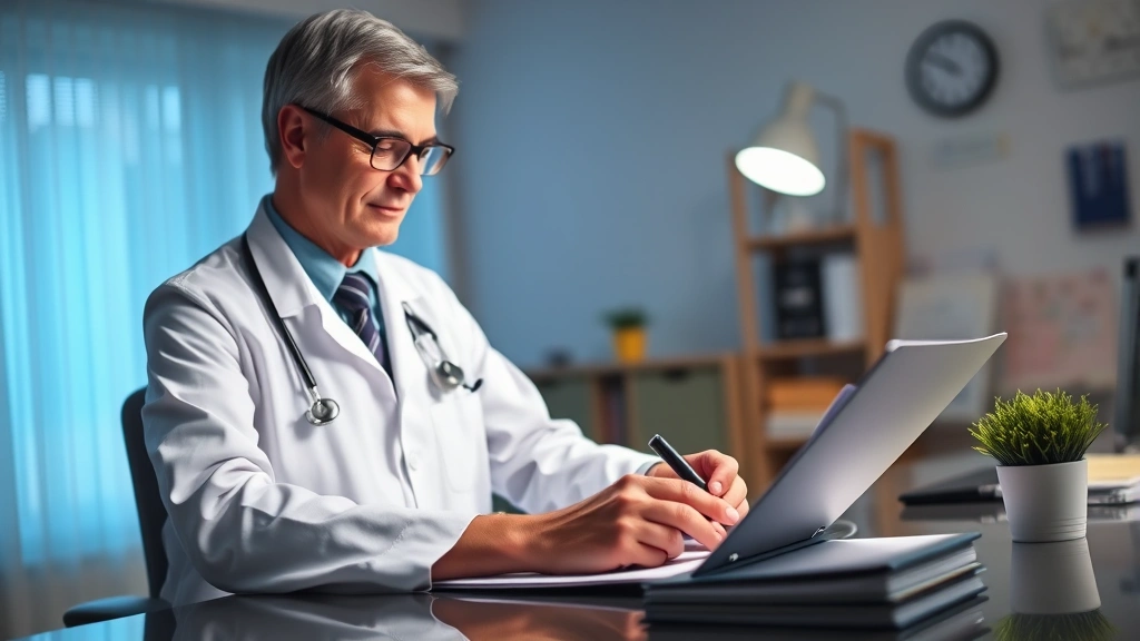 Healthcare provider writing at desk with patient file, warm office lighting, professional medical setting