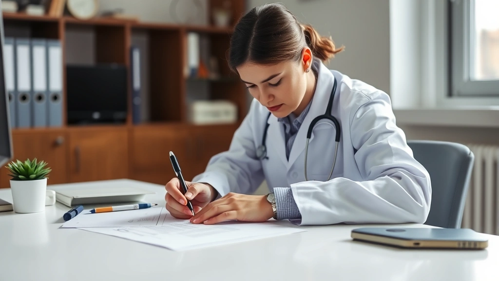 Professional healthcare provider in white coat at desk writing medical documentation