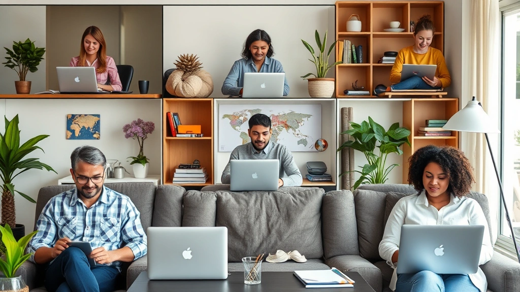 Diverse group of employees working remotely and in flexible office environments showing accommodations