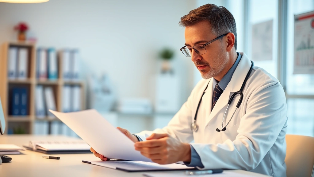 Doctor in white coat reviewing medical documents at desk with stethoscope, professional healthcare environment, warm lighting
