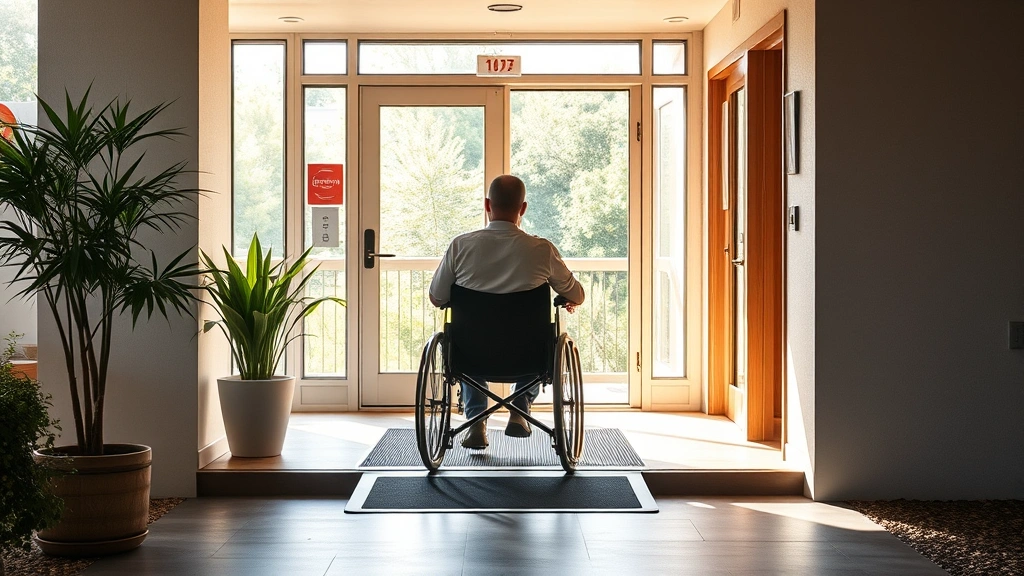 Person using wheelchair navigating accessible ground floor apartment entrance with ramp, natural daylight, modern accessible