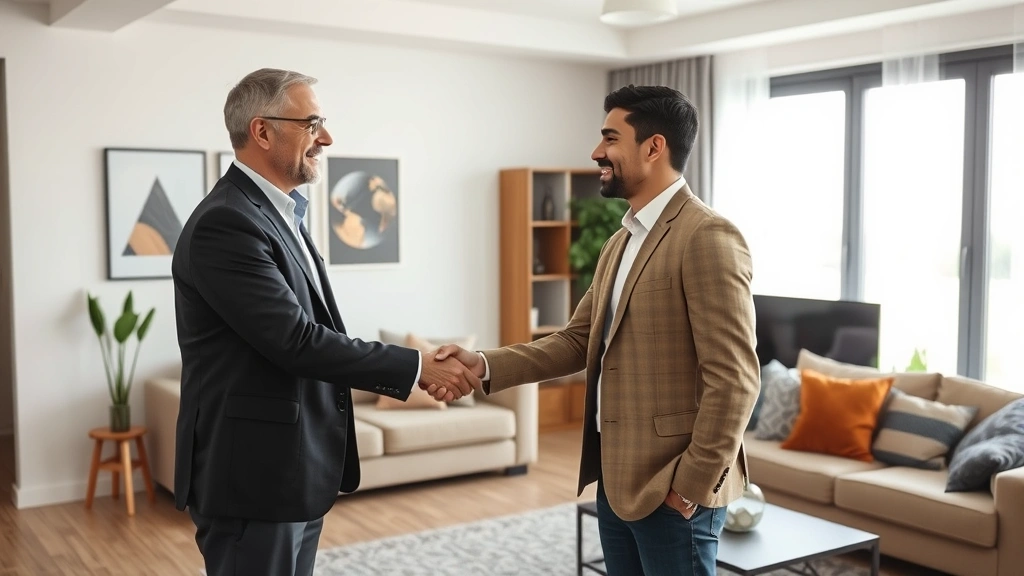 Tenant and landlord shaking hands in modern apartment living room, professional friendly interaction, natural window lighting