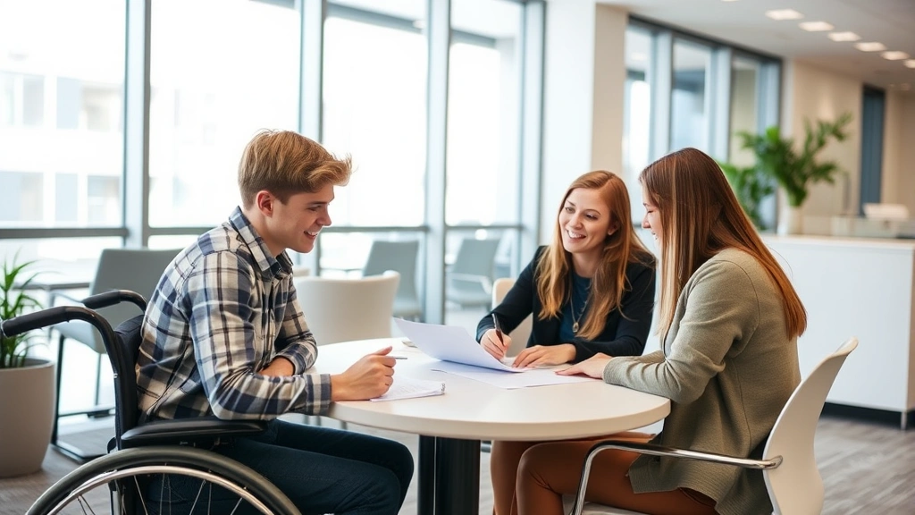 Student meeting with disability services advisor in modern office reviewing medical documentation and accommodation letter