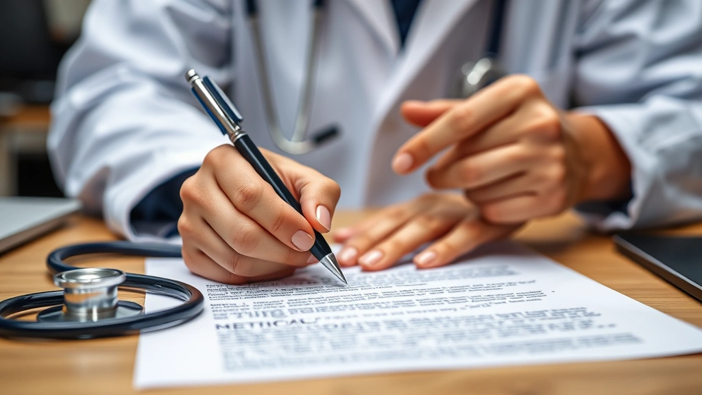 Healthcare provider writing detailed medical letter at desk with stethoscope and patient file visible