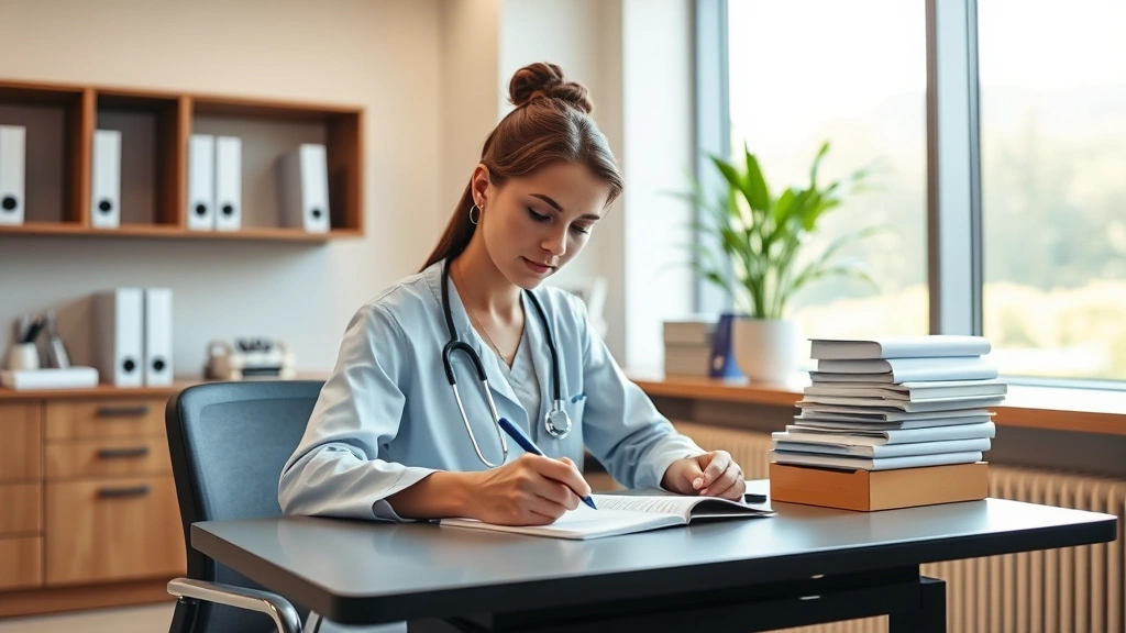 Professional healthcare provider writing medical documentation at desk in modern clinic office setting with natural lighting