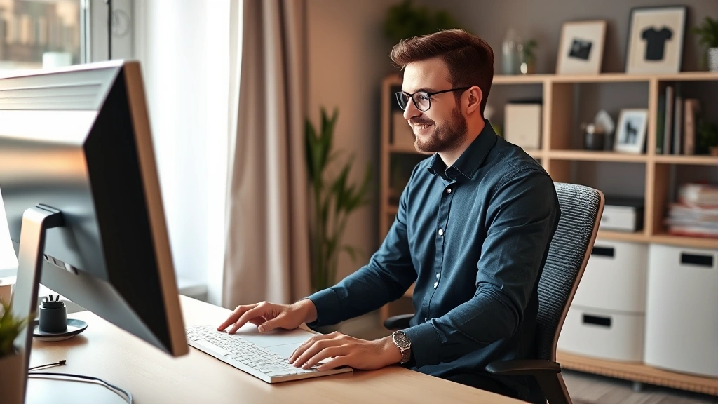 Employee in comfortable home office workspace with ergonomic setup receiving approval notification on computer screen