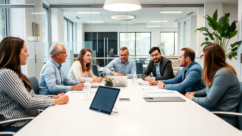 Diverse group of professionals in accessible workplace environment collaborating at meeting table with inclusive design