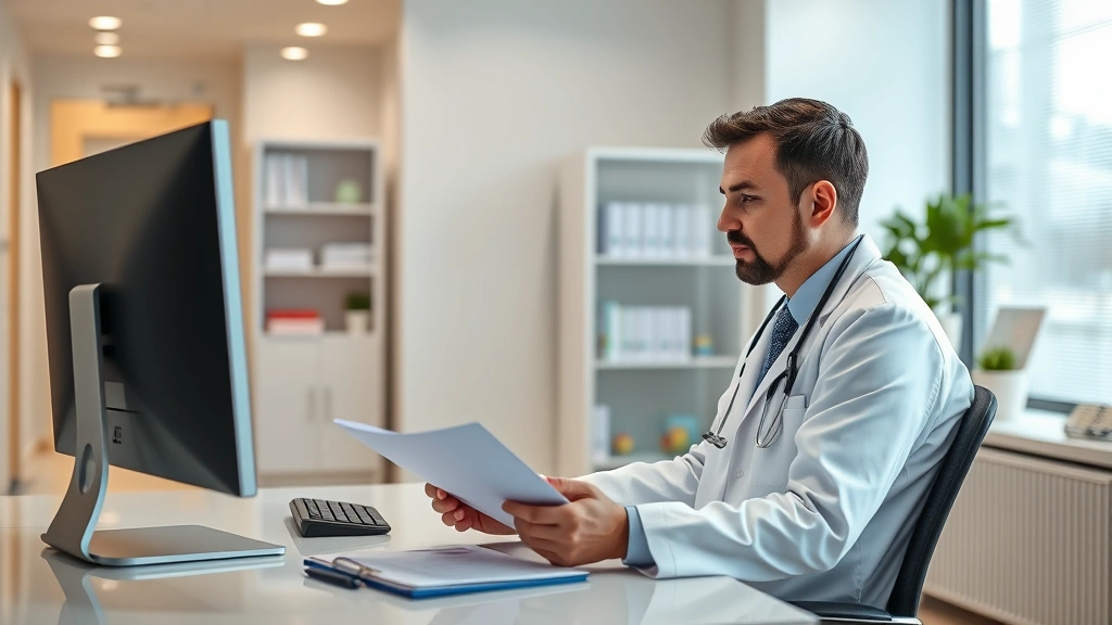 Doctor in white coat reviewing medical documents at desk with stethoscope and computer in modern clinic office