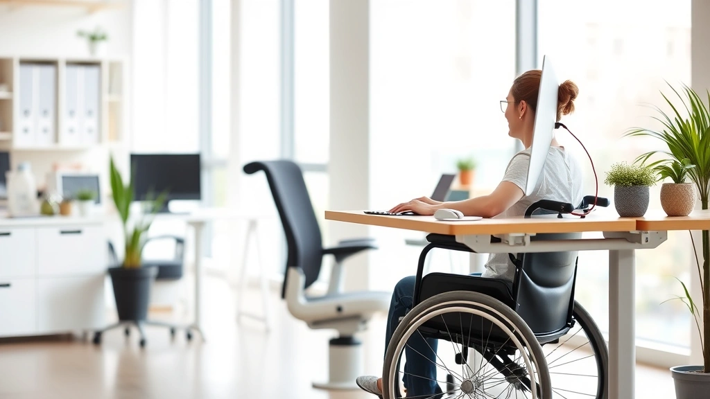 Woman in wheelchair working at ergonomic desk with accessible computer setup in bright professional office environment