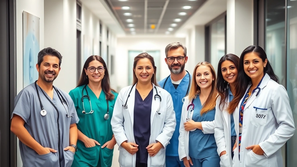 Diverse healthcare providers smiling in medical office hallway with modern clinic background