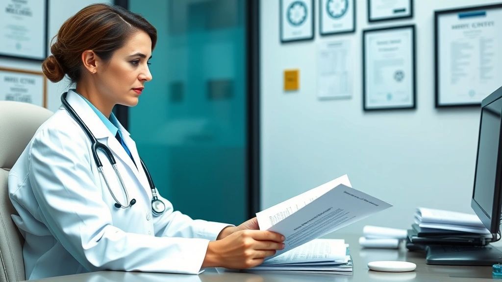 Healthcare provider in white coat at desk reviewing medical documents with stethoscope visible, professional office setting w