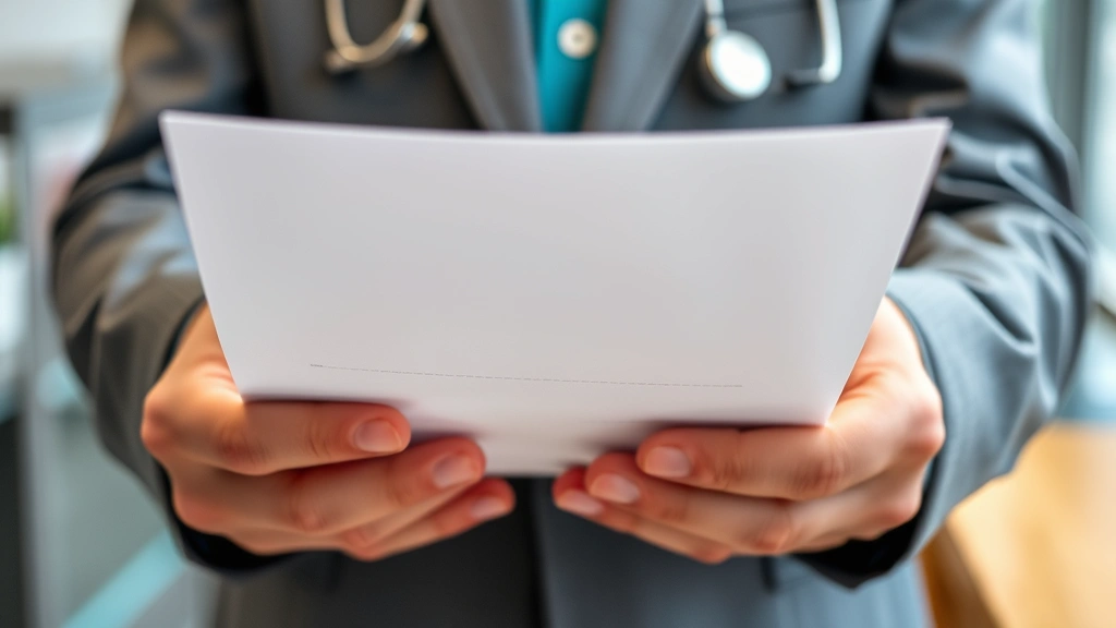 Close-up of hands holding official letterhead document with medical letterhead and signature, professional medical office bac