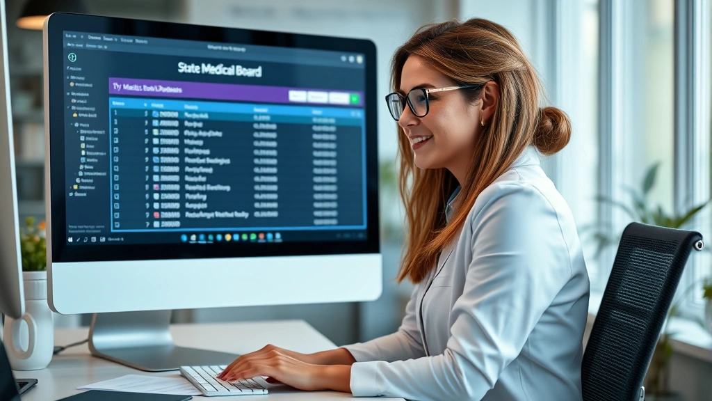 Diverse professional woman at computer screen accessing state medical board database, modern office environment with calm lig