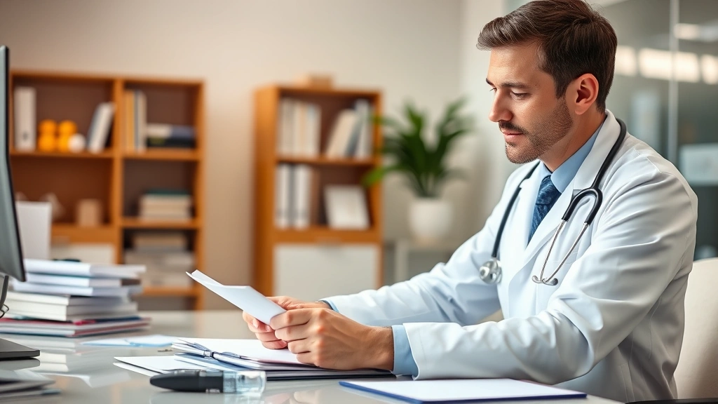 Doctor in white coat reviewing patient medical records at desk in bright clinic office with stethoscope visible