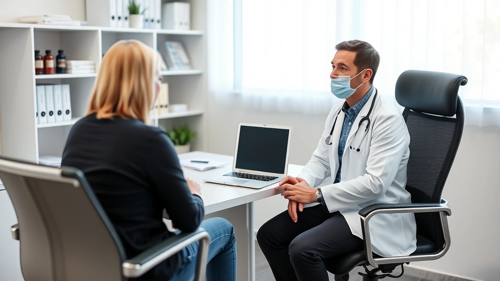 Patient sitting across from healthcare provider at clinical desk during medical consultation appointment discussing health