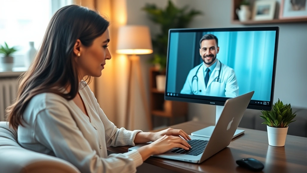 Woman at home on laptop video call with male doctor on screen, professional healthcare consultation, warm lighting, modern ho