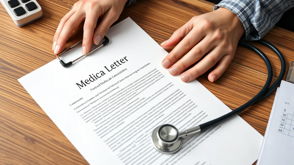 Close-up of hands holding official medical letter document with stethoscope beside it on wooden desk, healthcare documentatio