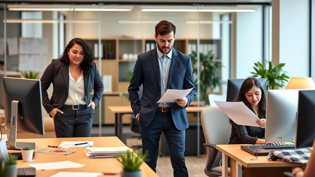 Diverse group of professionals in office settings, one at standing desk, one on phone with papers, one at computer, workplace
