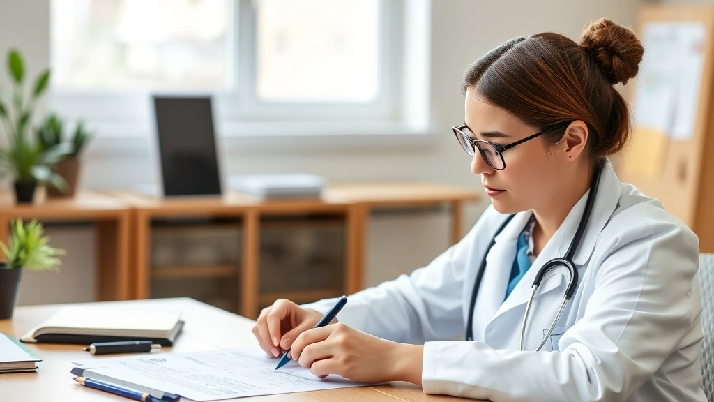Healthcare provider in white coat reviewing medical documents at desk with stethoscope, focused professional environment