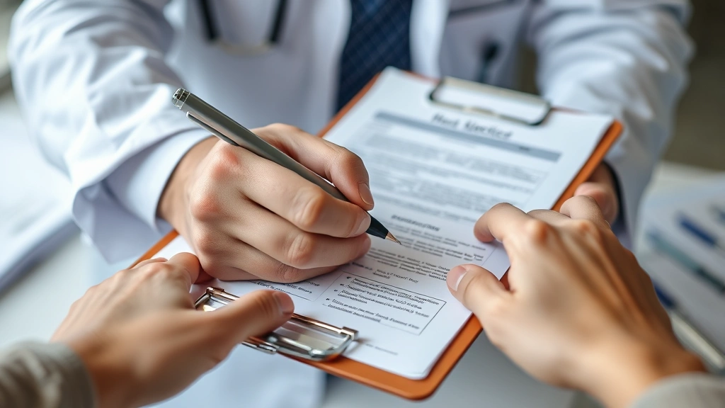 Close-up of hands organizing medical records and documents on clipboard with pen, organized documentation process