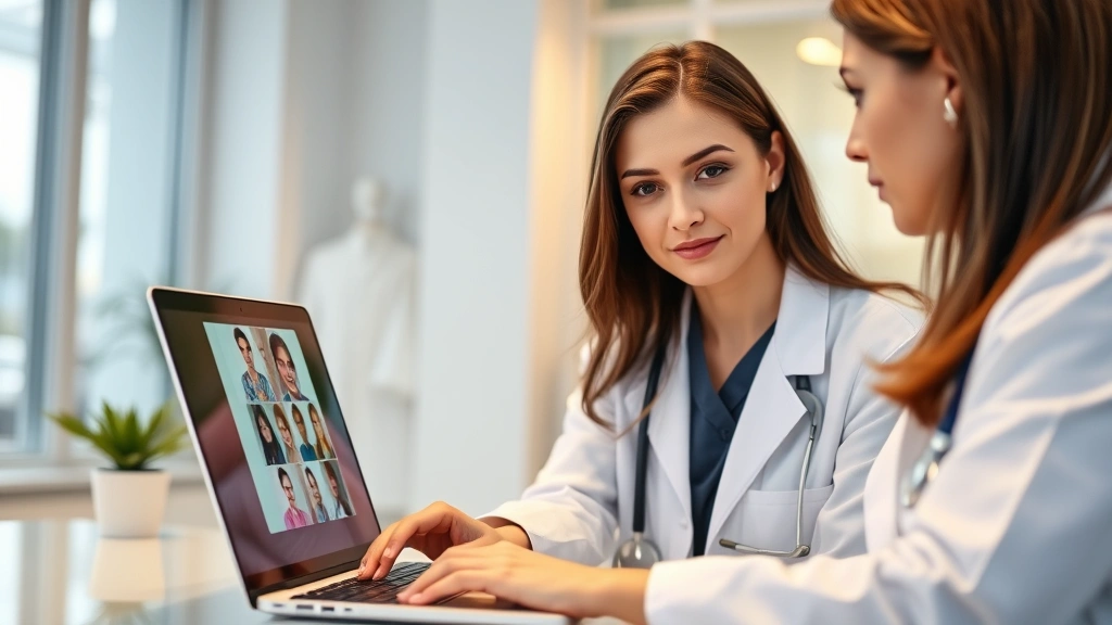 Female doctor in white coat having video consultation on laptop, warm lighting, professional medical office background, healt