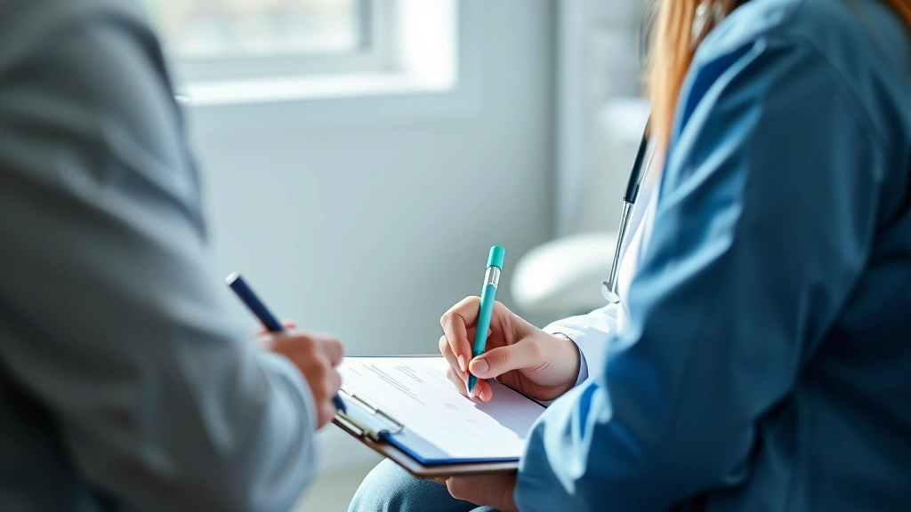 Diverse healthcare provider writing on clipboard during patient consultation, natural lighting, clinical setting, patient par
