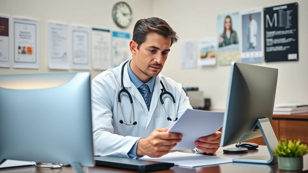 Licensed physician reviewing medical documents at desk with computer, professional office environment, focused expression, he