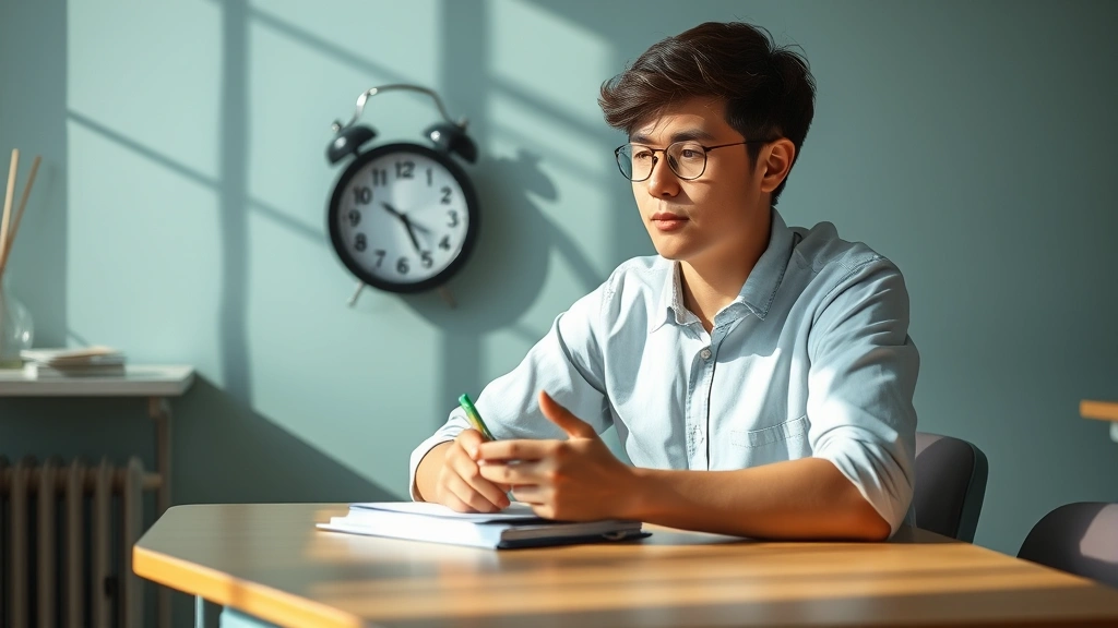 Student sitting at desk taking exam with extra time clock visible peaceful focused expression natural lighting