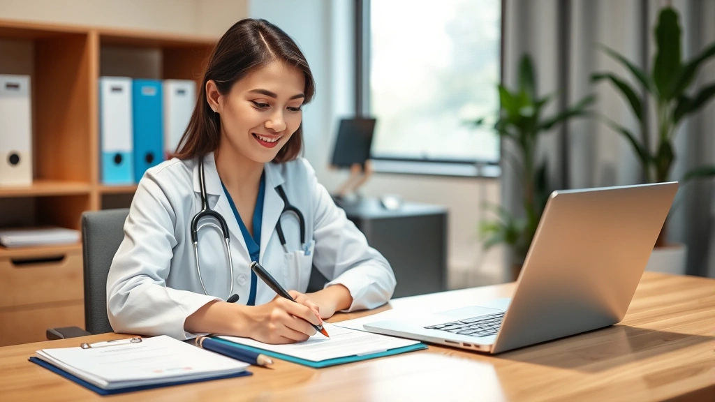 Healthcare provider writing medical documentation at desk with laptop professional office setting compassionate demeanor