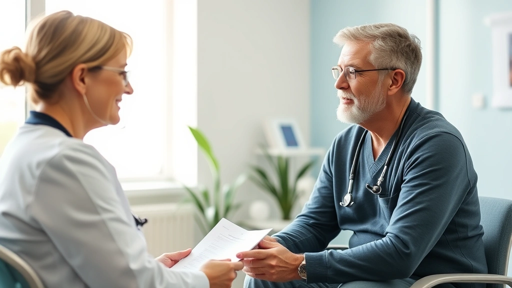 Patient having supportive conversation with healthcare provider in bright clinical office discussing medical documentation an