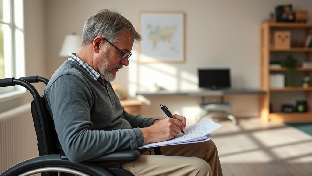 Disabled person taking written test with extra time in comfortable quiet room with natural lighting and accessible accommodat