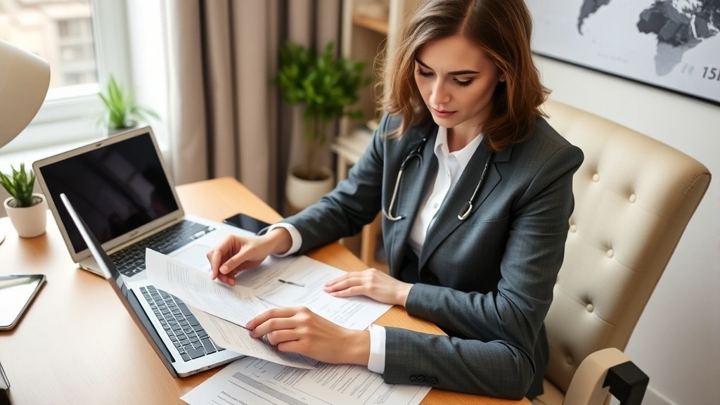Professional woman reviewing fair housing documents and medical letters at desk with laptop showing housing application forms